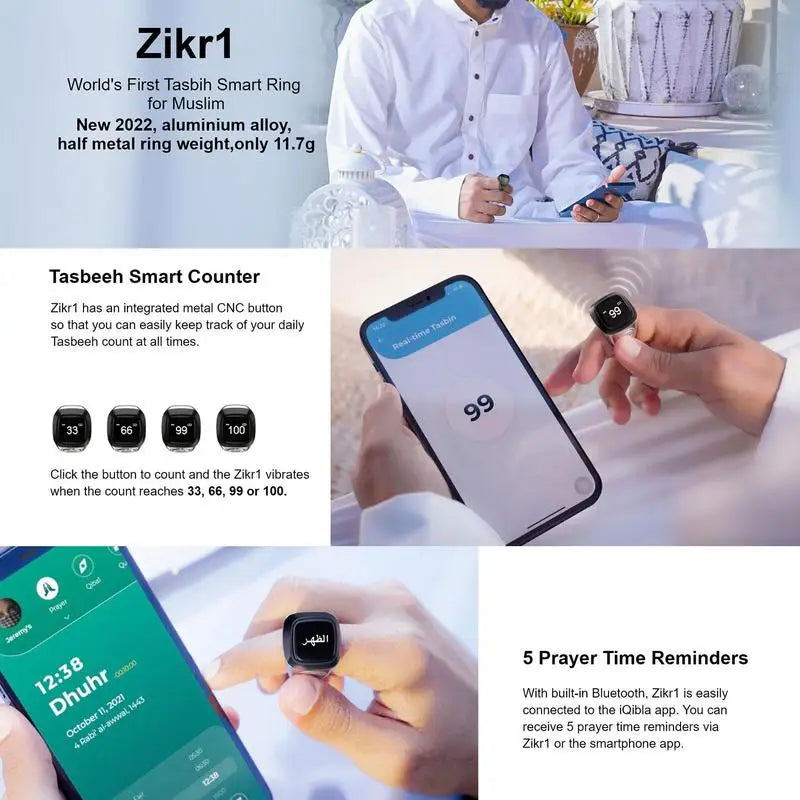 Smart Tasbih Tally Counter for Muslims Zikr Ring Blutooth-compatible 5.1 Digital Counter 5 Prayer Time Vibration Reminder